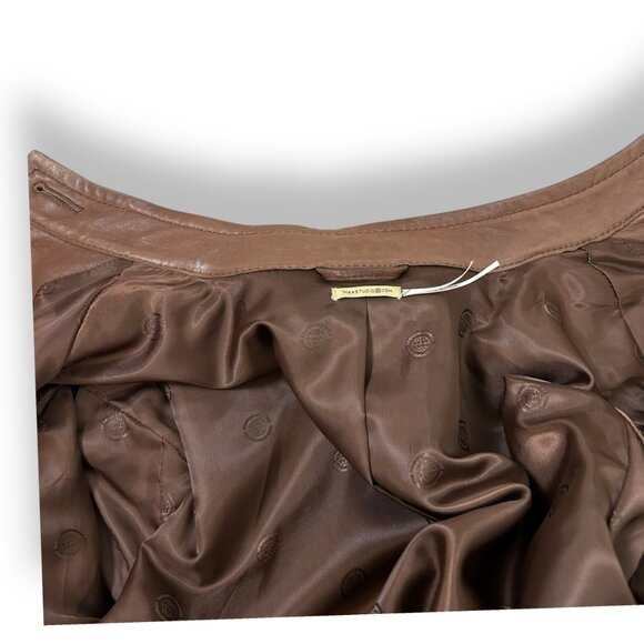 Max Studio Brown Leather Jacket, Belted Nero Collarless Pockets Lined Hip Length - Picture 7 of 11